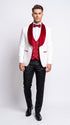 Marco Lorenzo Premium White Paisley 4 Piece Suit with Red Velvet Shawl Lapel and Matching Bow Tie