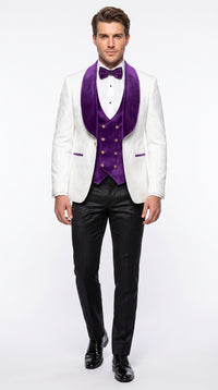 Marco Lorenzo Premium White Paisley 4 Piece Suit with Purple Velvet Shawl Lapel and Matching Bow Tie