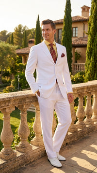 Men’s White Classic Fit 3 Button Poplin Suit, Two Piece Formal Wedding Dress Suit