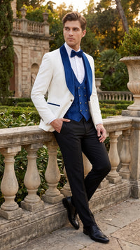 Marco Lorenzo Premium White Paisley 4 Piece Suit with Royal Blue Velvet Shawl Lapel and Matching Bow Tie