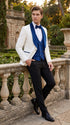 Marco Lorenzo Premium White Paisley 4 Piece Suit with Royal Blue Velvet Shawl Lapel and Matching Bow Tie