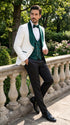 Marco Lorenzo Premium White Paisley 4 Piece Suit with Green Velvet Shawl Lapel and Matching Bow Tie