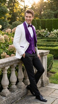 Marco Lorenzo Premium White Paisley 4 Piece Suit with Purple Velvet Shawl Lapel and Matching Bow Tie