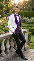 Marco Lorenzo Premium White Paisley 4 Piece Suit with Purple Velvet Shawl Lapel and Matching Bow Tie