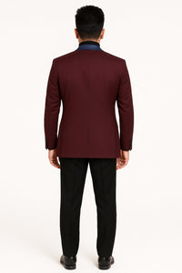 Mens Maroon Tuxedo Jacket with Blue Satin Shawl Lapel – Slim Fit Formal Blazer in Burgundy and Navy Blue