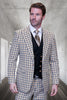 Men's Designer Wool Modern Fit Wide Peak Lapel Vested Suit in Camel Micro Plaid