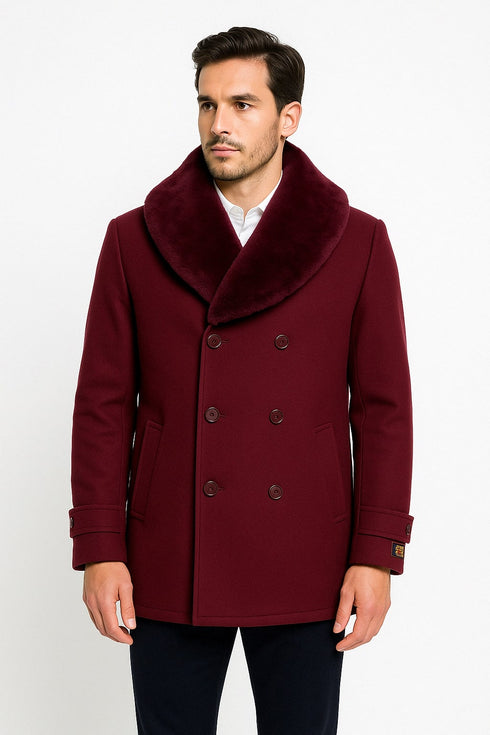 Men’s Burgundy Double-Breasted Overcoat with Faux Fur Shawl Collar – Alberto Nardoni Signature