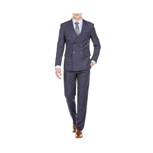 Men's Dark Navy Blue Double Breasted Slim Fit Bold Stripe