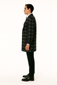 Men's Black and White Windowpane Plaid Overcoat – Classic Full Length Wool Blend Dress Coat