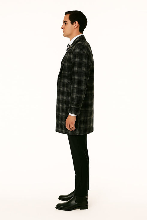 Men's Black and White Windowpane Plaid Overcoat – Classic Full Length Wool Blend Dress Coat