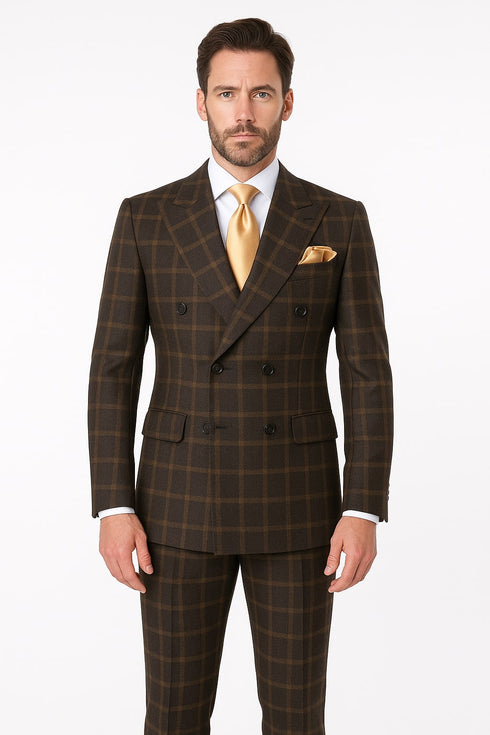 Men's Brown Plaid Double-Breasted Wool Suit – Classic Windowpane Two-Piece Formal Suit By Rossiman