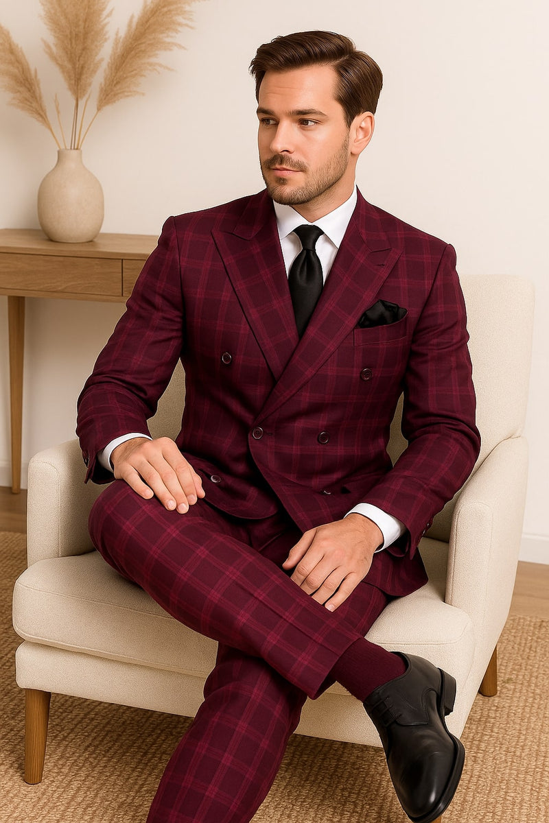 Mens Urban Burgundy Suit - Double Breasted Vest Pleated Pants