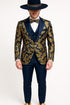 Men's Navy Blue and Gold Baroque Tuxedo Suit with Matching Vest and Bow Tie - Luxury Formalwear