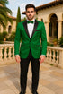 Men's Sateen Emerlad Green Tuxedo Jacket with Black Satin Lapel and Bow Tie – Slim Fit Prom and Party Blazer