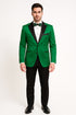 Men's Sateen Emerlad Green Tuxedo Jacket with Black Satin Lapel and Bow Tie – Slim Fit Prom and Party Blazer