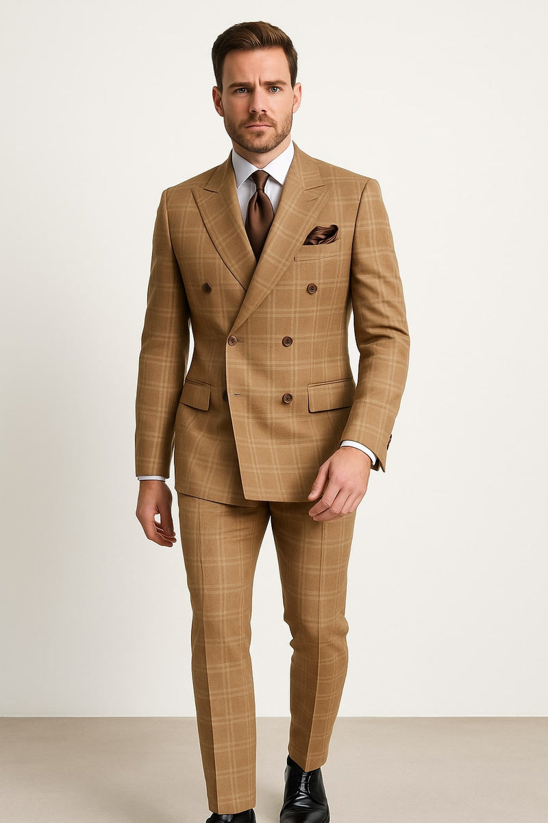 Men's Tan Plaid Double-Breasted Suit – Classic Windowpane Two