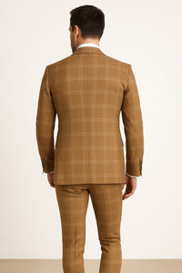 Men's Tan Plaid Double-Breasted Suit – Classic Windowpane Two-Piece Formal Suit - Camel Color Suit By Rossiman