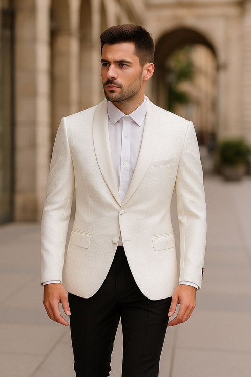 Men’s White Tuxedo Dinner Jacket  Swirl Pattern Tuxedo Jacket with White Satin Shawl Lapel - Paisley Pattern