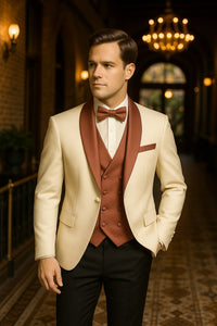 Men's White and Rose Gold Tuxedo with Mauve Satin Vest and Bow Tie – Elegant Formalwear for Weddings and Events