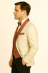 Men's White and Rose Gold Tuxedo with Mauve Satin Vest and Bow Tie – Elegant Formalwear for Weddings and Events
