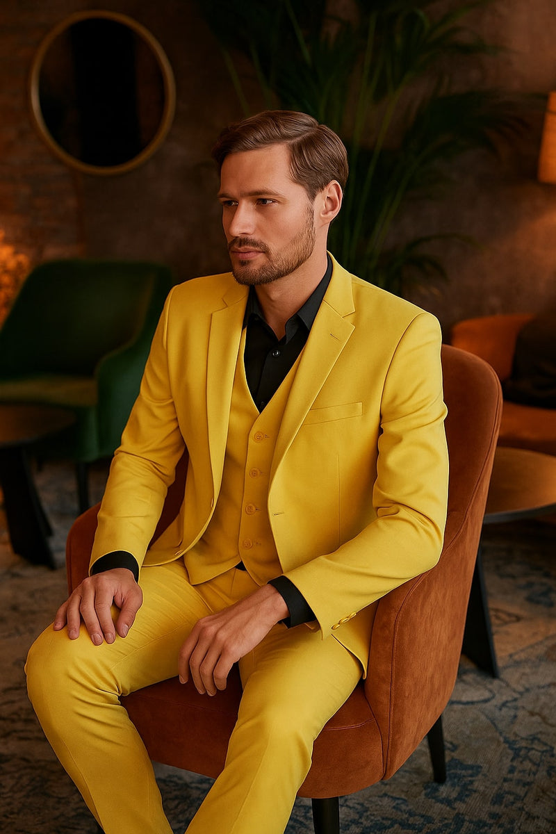 mens yellow dress shirt Men's Yellow 3-Piece Suit with Black Dress Shirt – Modern Slim Fit For –  OvercoatUSA