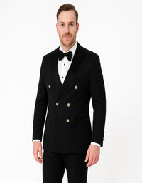 Men’s Black Double-Breasted Tuxedo – Classic Shawl Lapel Suit with Gold Buttons for Weddings, Galas, and Black Tie Events