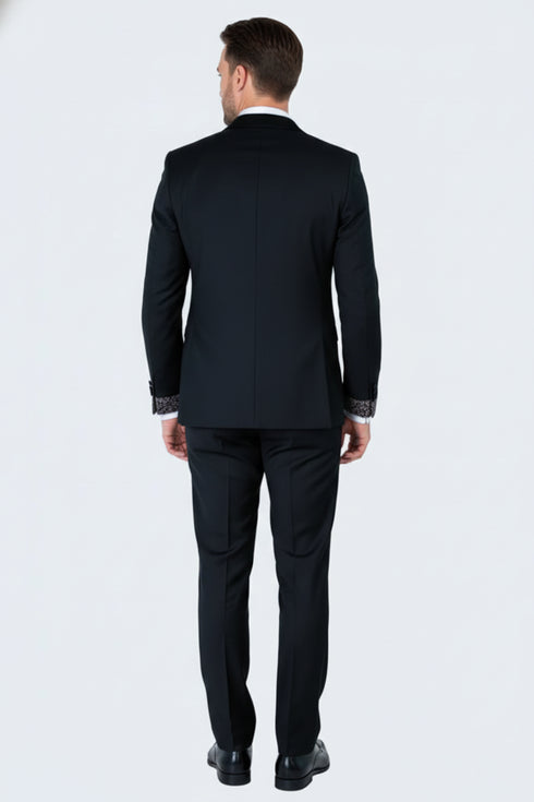 Men's Black and White Silver Embellished Tuxedo Suit + Bowtie 3-Piece Formal Wedding, Prom, and Gala Outfit