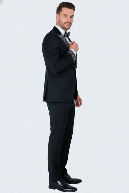 Men's Black and White Silver Embellished Tuxedo Suit + Bowtie 3-Piece Formal Wedding, Prom, and Gala Outfit