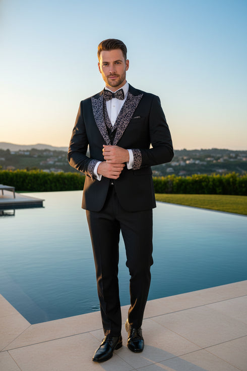 Men's Black and White Silver Embellished Tuxedo Suit + Bowtie 3-Piece Formal Wedding, Prom, and Gala Outfit