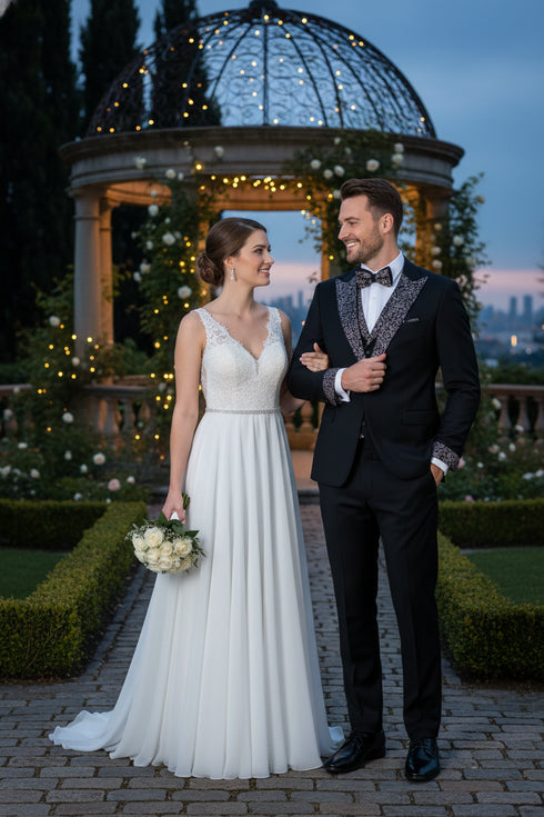 Men's Black and White Silver Embellished Tuxedo Suit + Bowtie 3-Piece Formal Wedding, Prom, and Gala Outfit