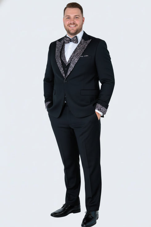Men's Black and White Silver Embellished Tuxedo Suit + Bowtie 3-Piece Formal Wedding, Prom, and Gala Outfit