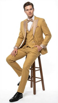 Men's Gold Embellished Tuxedo Suit + Bowtie – Slim Fit Jacket, Vest and Tailored Pants