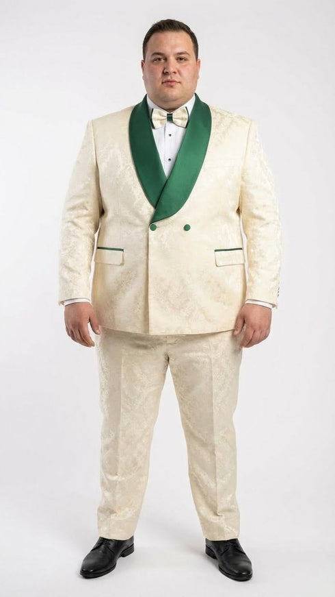 Men's Ivory and Emerald Green Jacquard Tuxedo Suit + Bowtie – 3-Piece Formal Wedding, Prom, and Gala Outfit