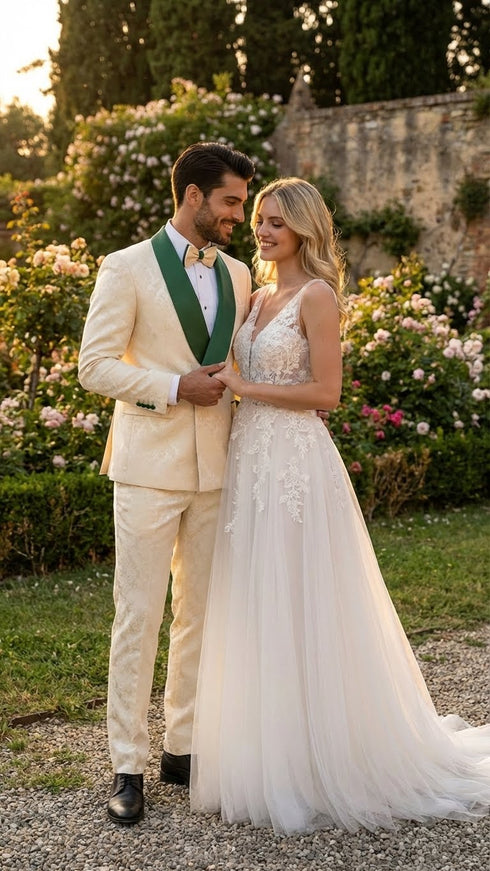 Men's Ivory and Emerald Green Jacquard Tuxedo Suit + Bowtie – 3-Piece Formal Wedding, Prom, and Gala Outfit