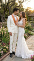 Men's Ivory and Gold Jacquard Tuxedo Suit + Bowtie – Formal Wedding, Prom, and Gala Outfit in Cream Off White color