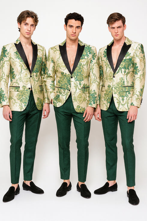 Men’s Ivory and Green Suit Floral Embroidered Tuxedo Jacket with Black Satin Lapel – Designer Blazer for Weddings With Hutner Green Pants
