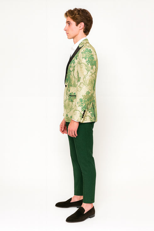 Men’s Ivory and Green Suit Floral Embroidered Tuxedo Jacket with Black Satin Lapel – Designer Blazer for Weddings With Hutner Green Pants