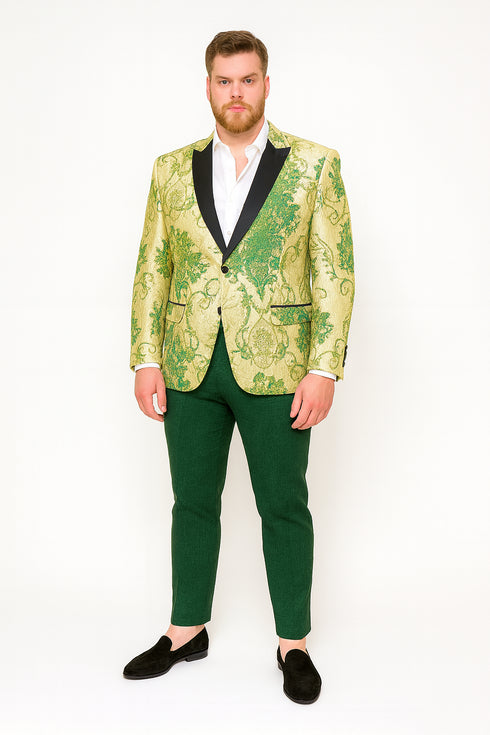 Men’s Ivory and Green Suit Floral Embroidered Tuxedo Jacket with Black Satin Lapel – Designer Blazer for Weddings With Hutner Green Pants