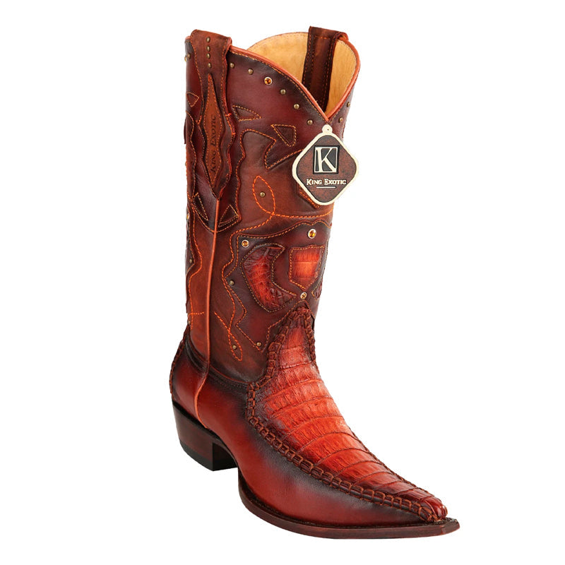King Exotic Men's Caiman Square Toe Boots Rubber Sole & Saddle Vamp Cognac