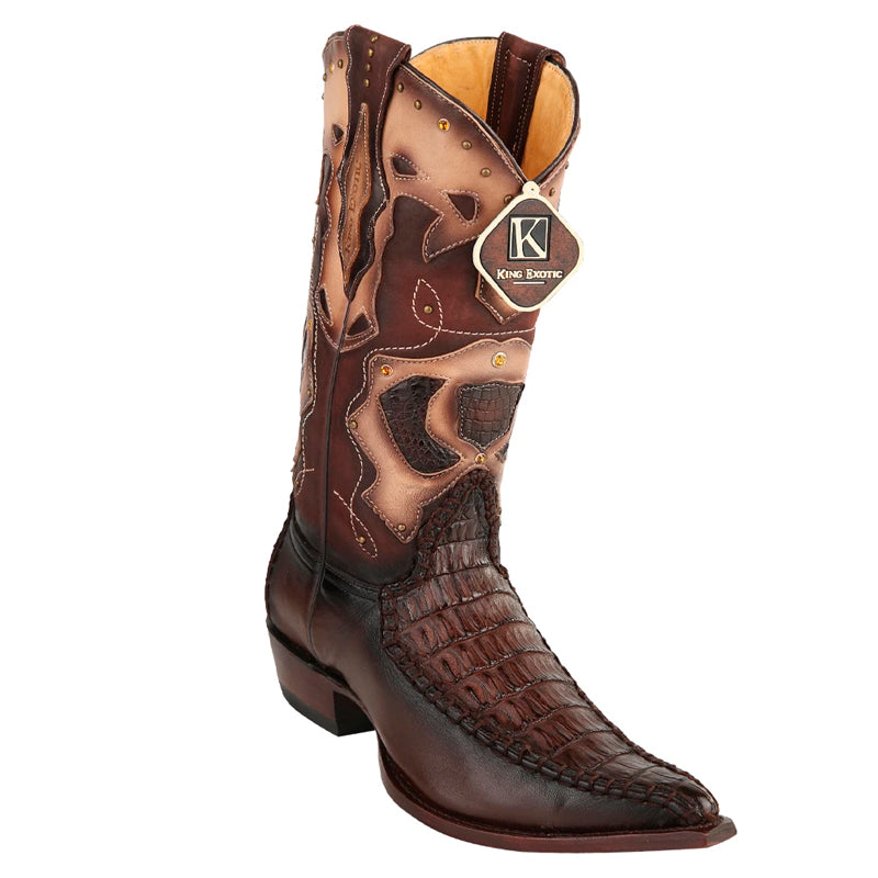 Men's King Exotic Wide Square Toe Caiman Belly Boots Handcrafted Burnished Brown (48228216)