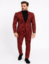 Men’s Red and Black Floral Tuxedo Suit – Slim Fit 2 Piece Embroidered Outfit for Weddings, Prom, and Formal Events