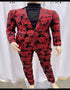 Men’s Red and Black Floral Tuxedo Suit – Slim Fit 2 Piece Embroidered Outfit for Weddings, Prom, and Formal Events