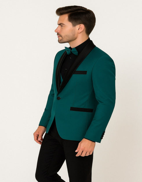 Men's Teal Blue Velvet Tuxedo with Black Satin Lapel and Bow Tie + Black Pants