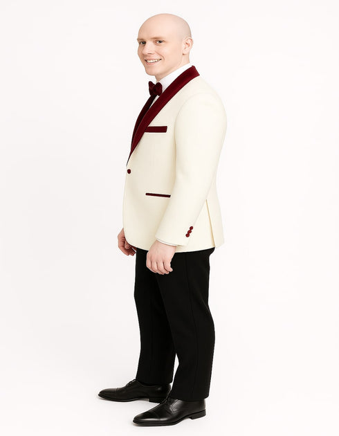 Men’s White Floral Tuxedo Jacket with Burgundy Velvet Shawl Lapel – Wedding, Prom, and Formal Event Suit