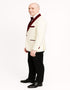 Men’s White Floral Tuxedo Jacket with Burgundy Velvet Shawl Lapel – Wedding, Prom, and Formal Event Suit