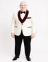Men’s White Floral Tuxedo Jacket with Burgundy Velvet Shawl Lapel – Wedding, Prom, and Formal Event Suit