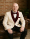 Men’s White Floral Tuxedo Jacket with Burgundy Velvet Shawl Lapel – Wedding, Prom, and Formal Event Suit