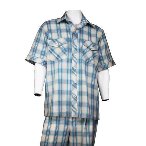 Men's 2 piece Sets Casual Leisure suit in blue and orange plaid