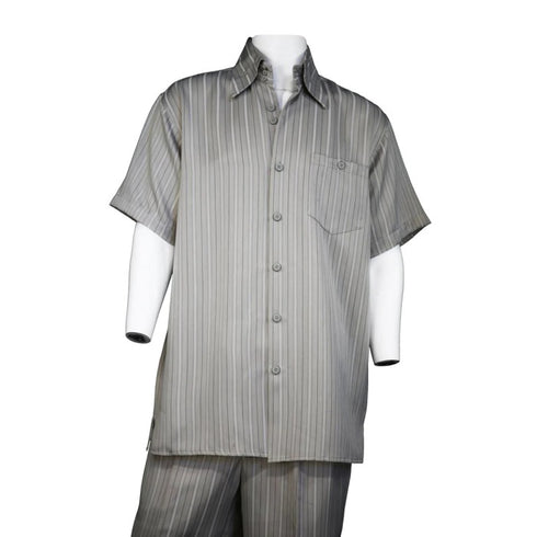 Men's 2 piece Sets Casual Short sleeve shirt and pant walking suit in Grey stripe