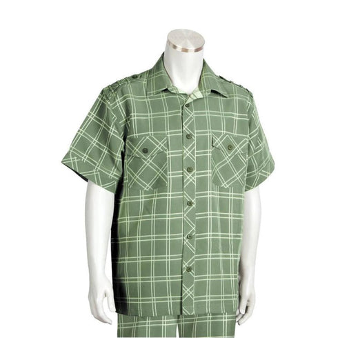 Men's 2 piece Sets Casual leisure set walking suit in olive windowpane